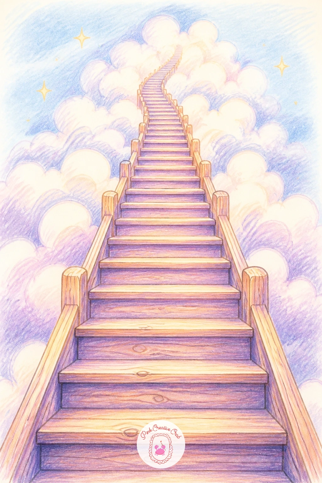 Staircase to the Clouds — Keep climbing from that small glowing city into something bigger: a wooden staircase that simply ends in the clouds with nothing