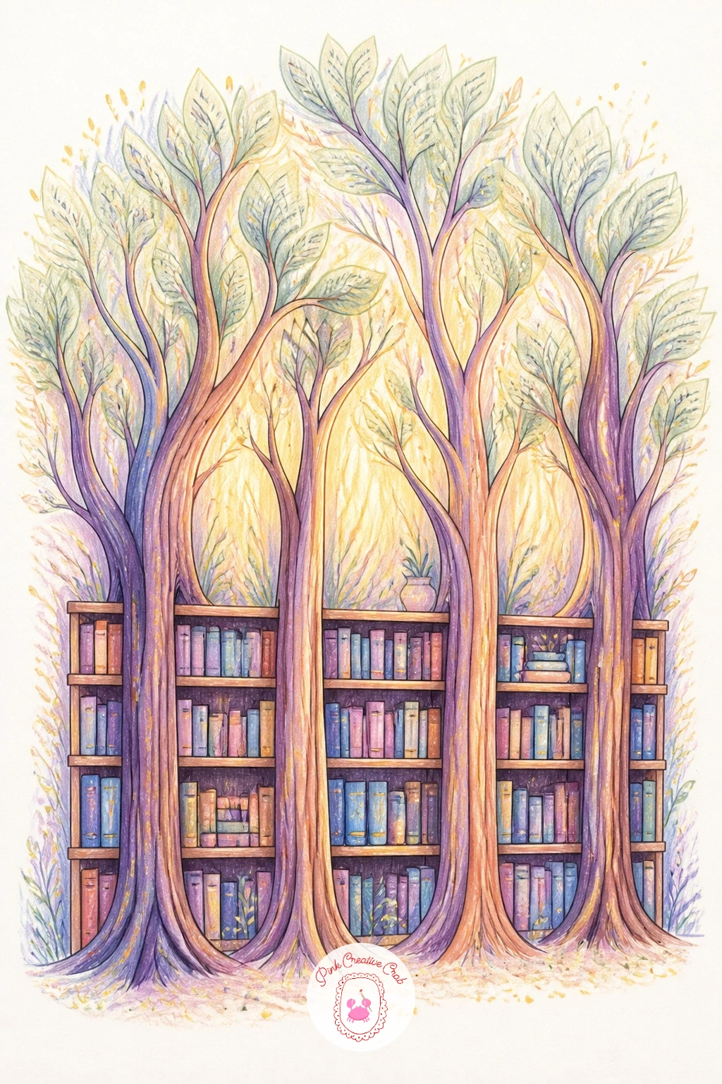 Bookshelf Forest — Move from the sky back down to something cozier: a row of bookshelves that slowly turn into trees, spines becoming bark and pages becoming