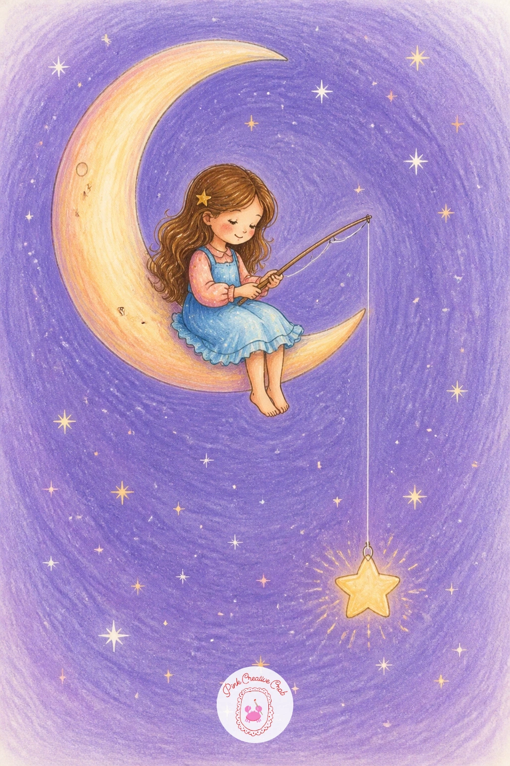 Girl Fishing for Stars From a Crescent Moon — Give the lighthouse's keeper a quiet companion scene: a girl sitting on the curve of a crescent moon, legs