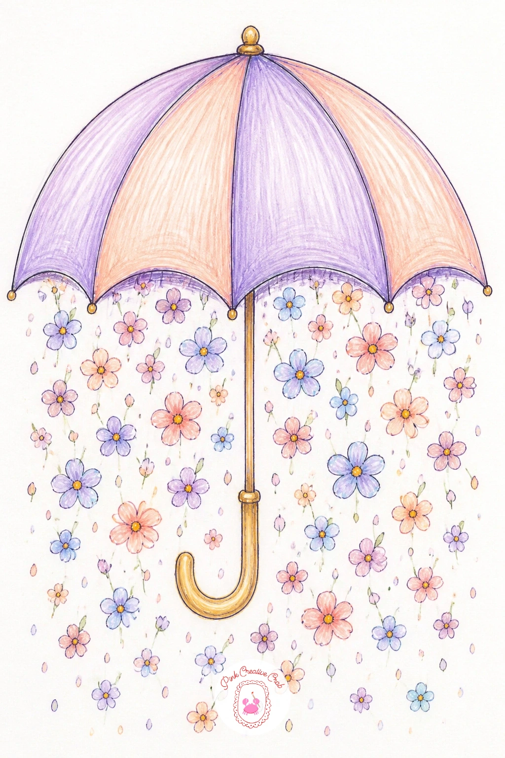 Umbrella Raining Flowers — Turn from stars back to something closer to the ground: an open umbrella with small flowers falling from underneath it instead of