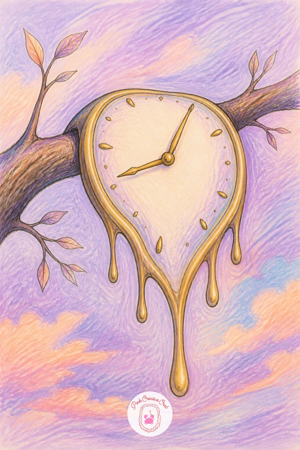 Melting Clock on a Branch — Settle into something quieter and more painterly: a single clock face draped over a tree branch, its edges soft and drooping like
