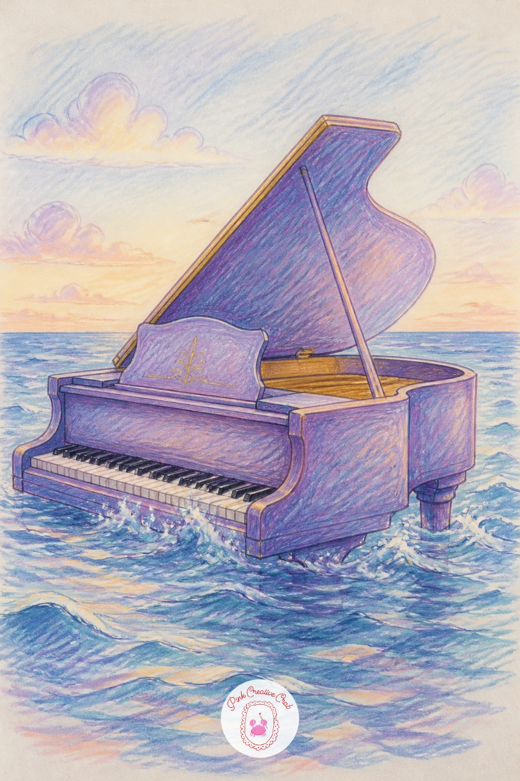 Piano in the Sea — Carry the quiet mood of the turtle scene into deeper water with a grand piano standing half-submerged in the open sea, waves lapping gently