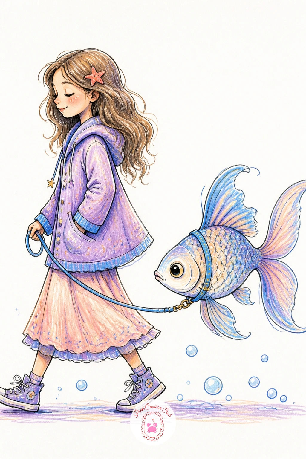 Girl Walking a Fish on a Leash — Keep the playful tone going with a girl strolling along as though it were the most normal thing, a leash in her hand attached