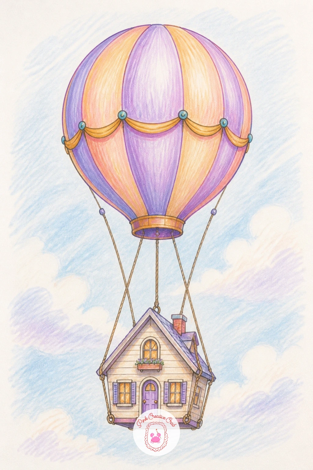 Balloon Lifting a House — Scale the whimsy up again with a single oversized balloon tied to a small house, lifting it gently off the ground with ropes pulled