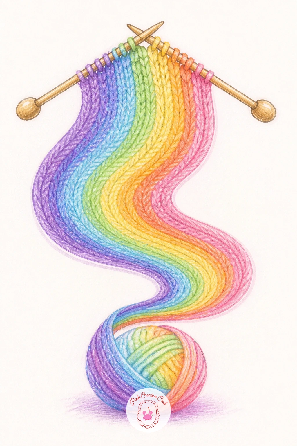 Rainbow Being Knitted — Soften the mood with something handmade: a pair of knitting needles mid-stitch, with a rainbow unspooling from the yarn instead of a