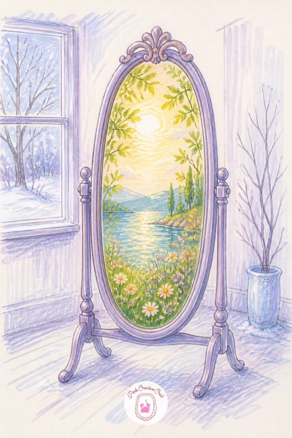 Mirror Showing Another Season — Move from knitting wool into something more reflective: a plain standing mirror whose glass shows a season completely different