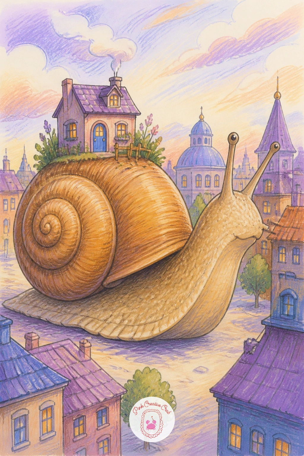 Giant Snail in a City — After a quiet mirror, add a little movement with a giant snail carrying its own small cottage shell through a tiny city street