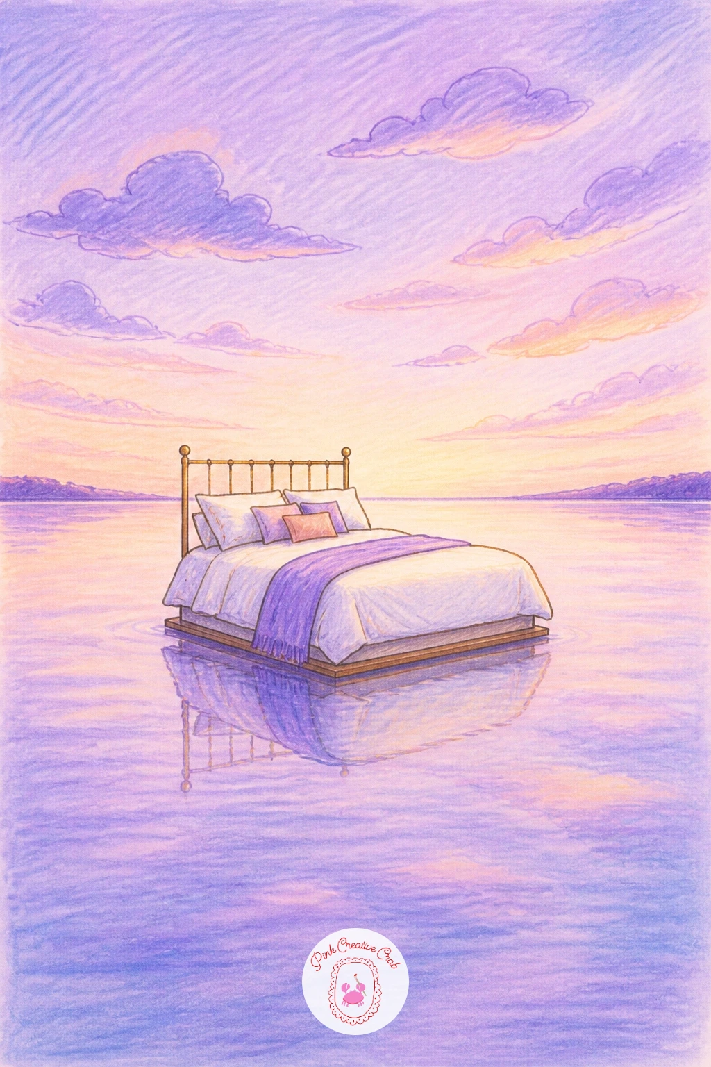 Bed Floating on a Lake — Let the mood go properly restful now: a neatly made bed floating gently on the still surface of a lake, as if sleep itself had drifted