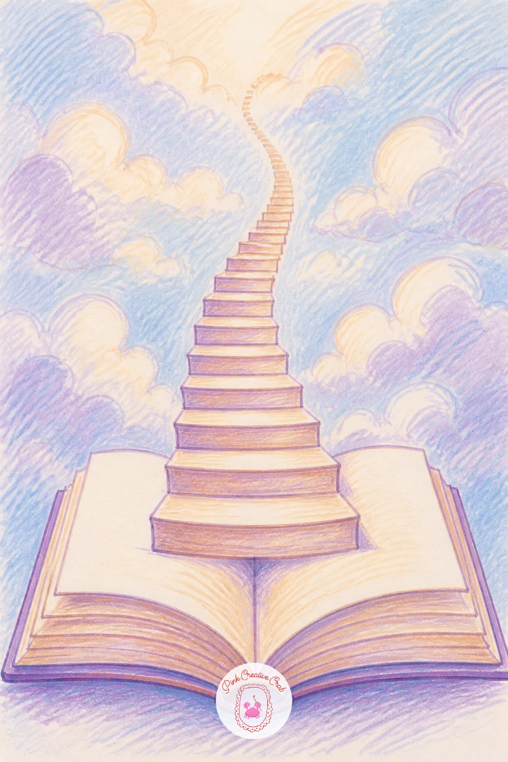 Stairs Leading Into a Book — Carry that same sense of a small world opening up into stairs that rise out of an open book and keep climbing into the sky.