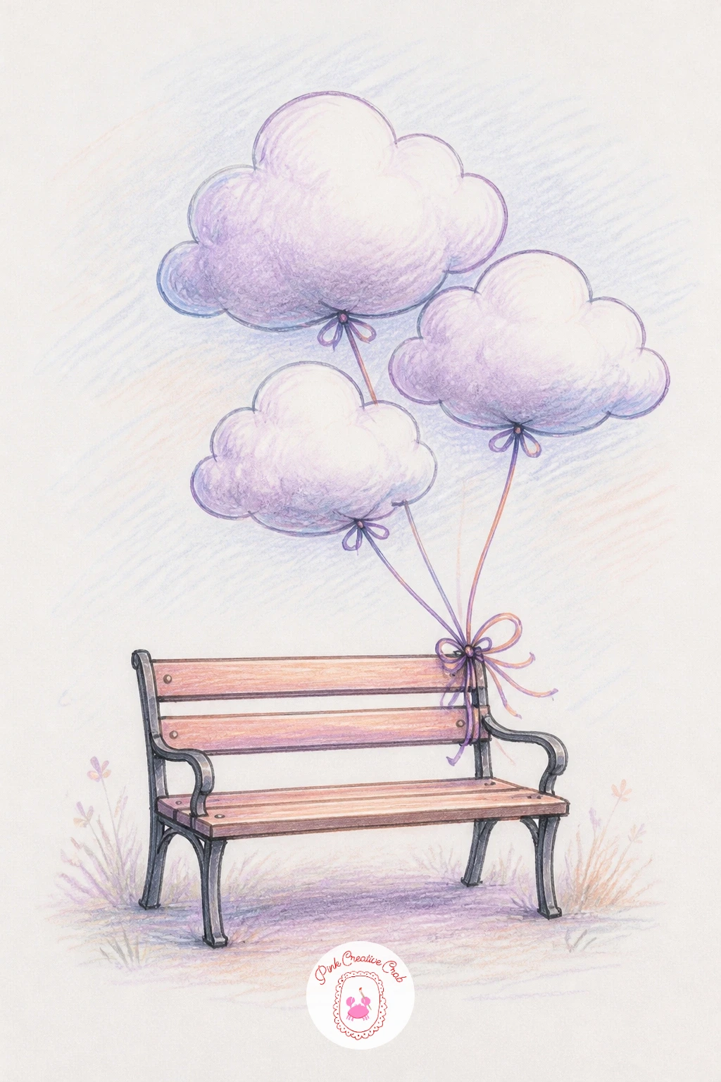 Clouds Tied Like Balloons to a Bench — Settle into something gentler still: a plain park bench with two or three soft clouds tied to its armrest by ribbon, as