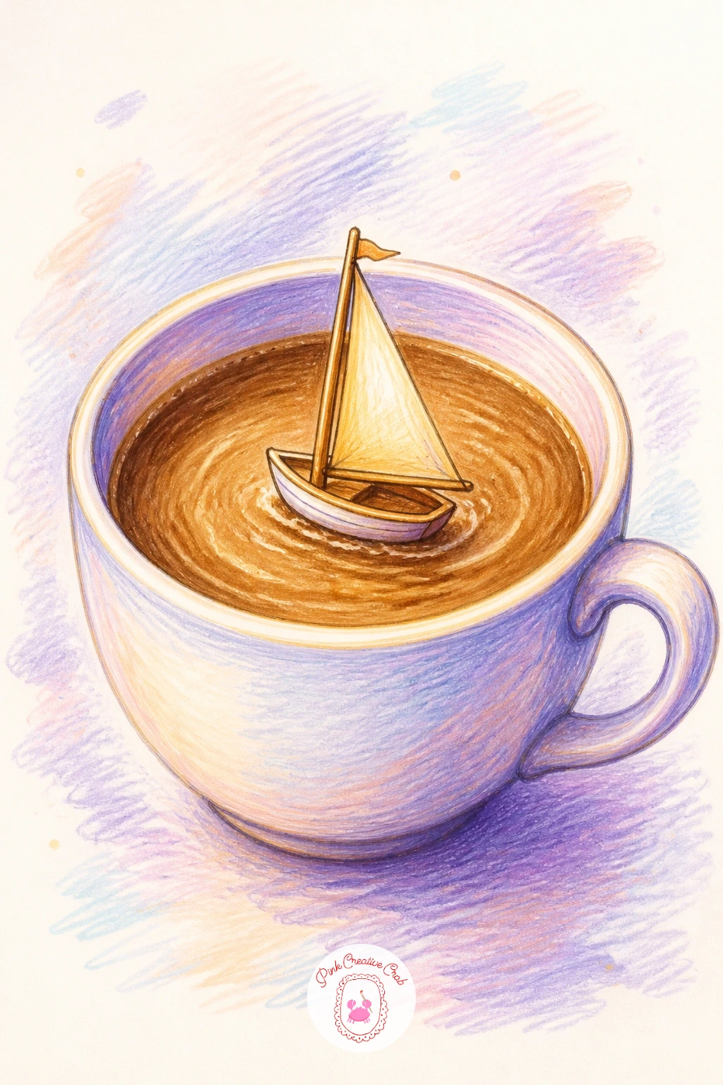 Tiny Boat Sailing in a Coffee Cup — Close the whole dreamy set with one more cup, this time holding a tiny sailboat instead of a swirling galaxy. Surreal