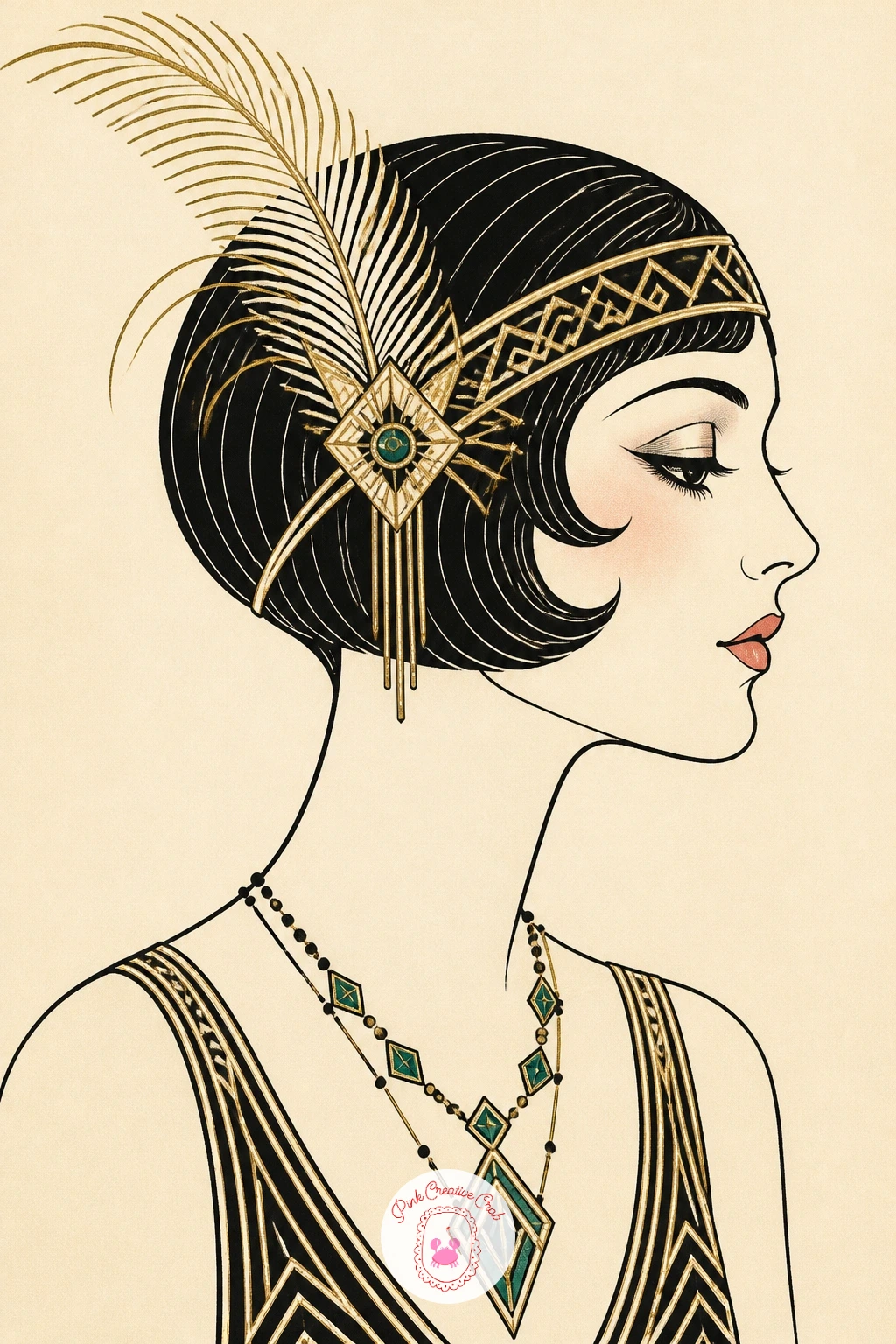 Flapper With Feather Headband — Start the whole set with a flapper, since her face and headband teach you the proportions every later figure will lean on. Art