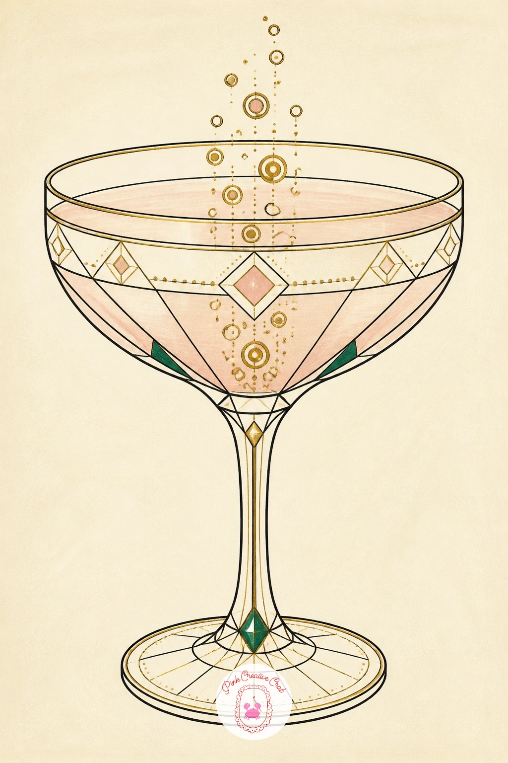 Cocktail Coupe With Geometric Bubbles — Move from pure pattern to a small object with a cocktail coupe, which is forgiving because its shape is just a triangle
