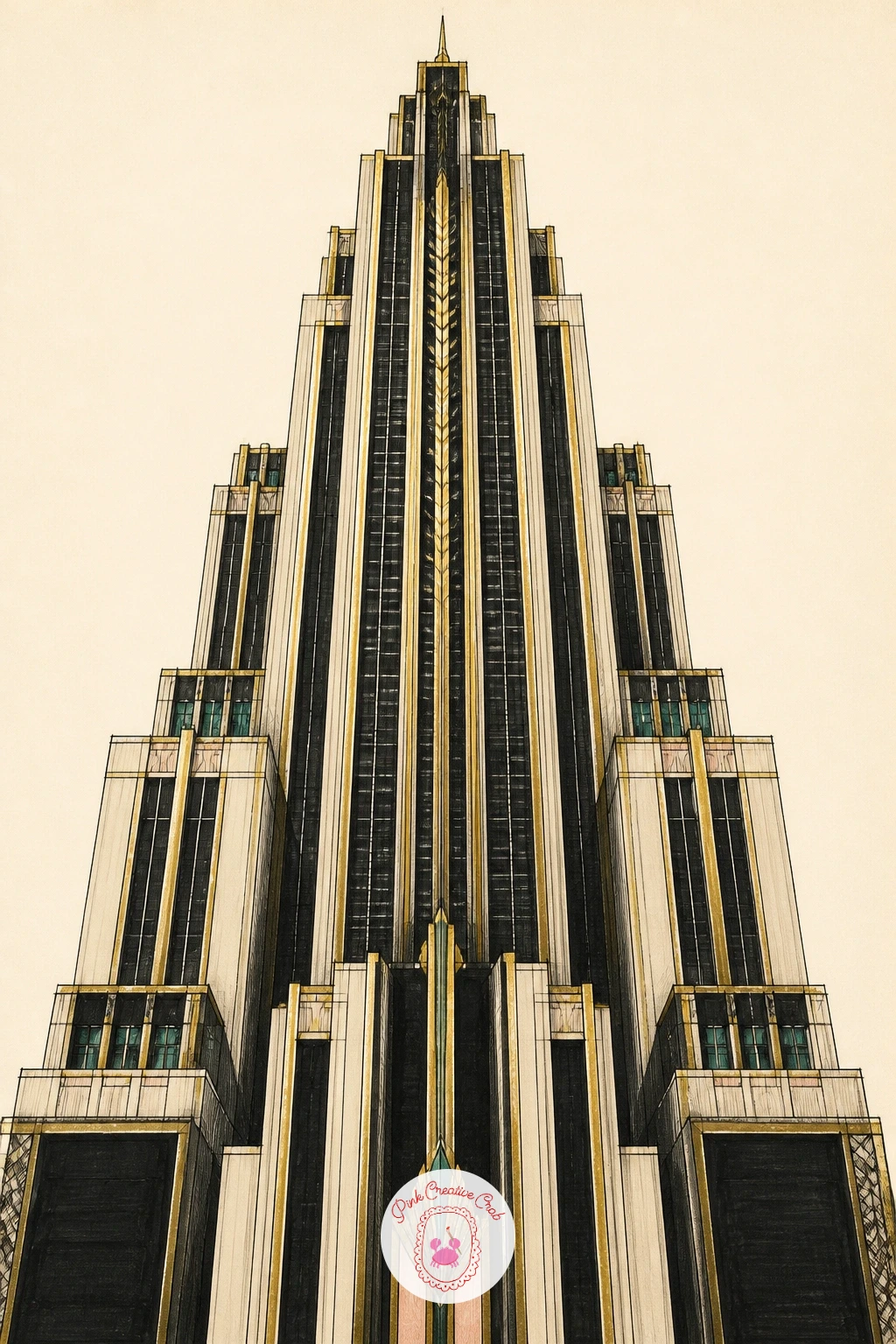 Skyscraper With Gold Lines — A skyscraper brings in strong verticals, and the trick is deciding your eye level before you draw a single line. Art deco drawing