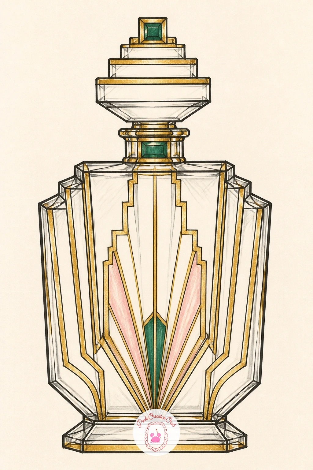 Perfume Bottle With Stepped Lines — A perfume bottle lets you practice the stepped pyramid shape that shows up everywhere in this style. Art deco drawing
