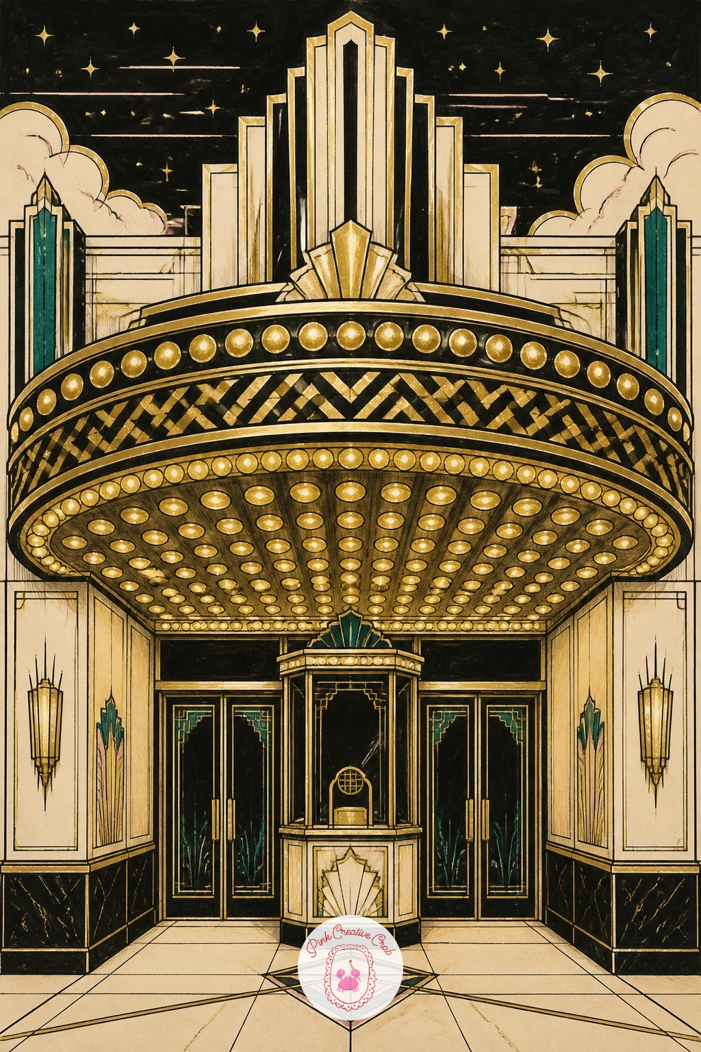 Theater Entrance With Marquee Lights — The theater entrance is a nice step up in complexity, built almost entirely from straight lines and circles. Art deco