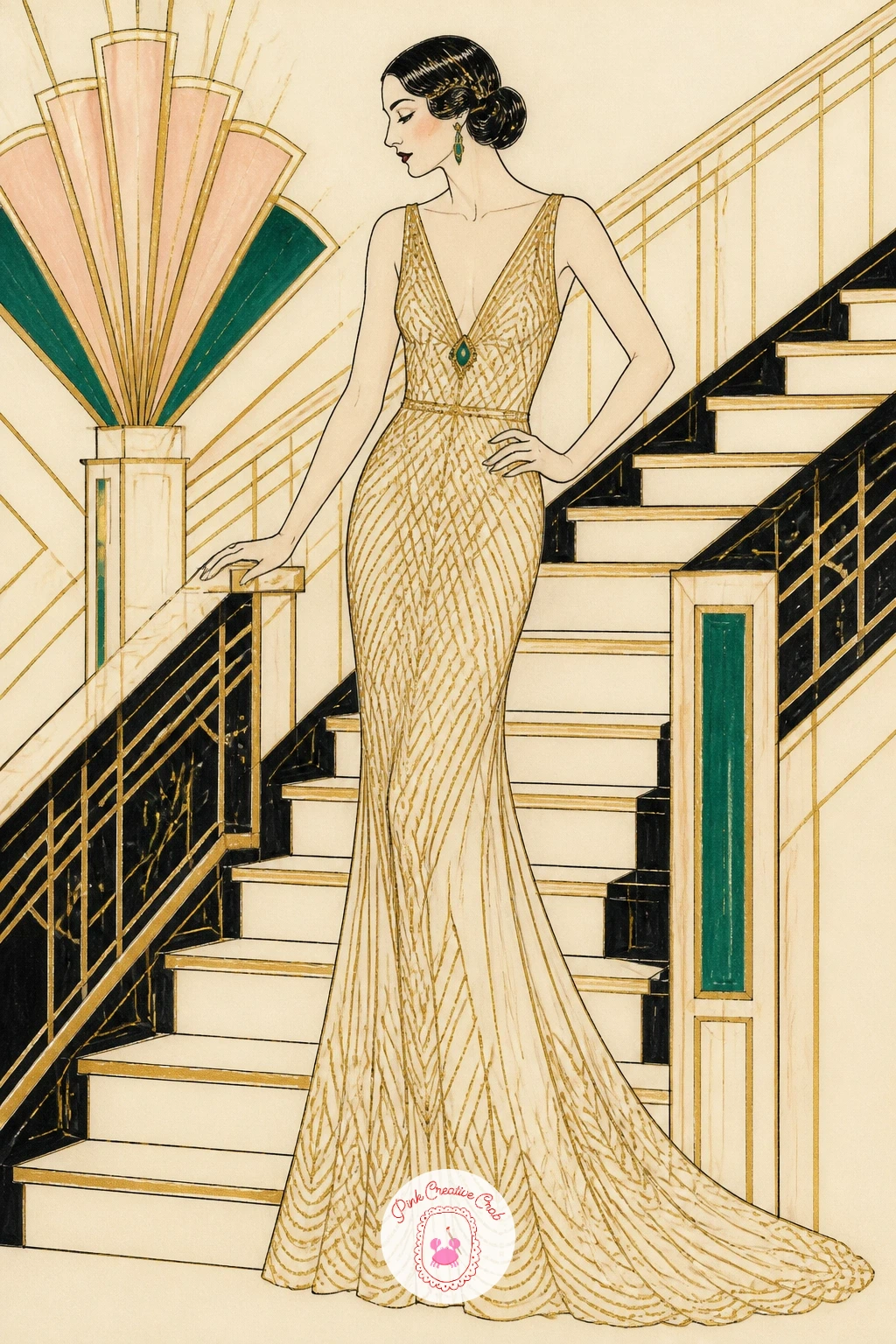 Woman in a Beaded Gown on a Staircase — This scene combines a figure with architecture, so build it in two passes. Art deco drawing