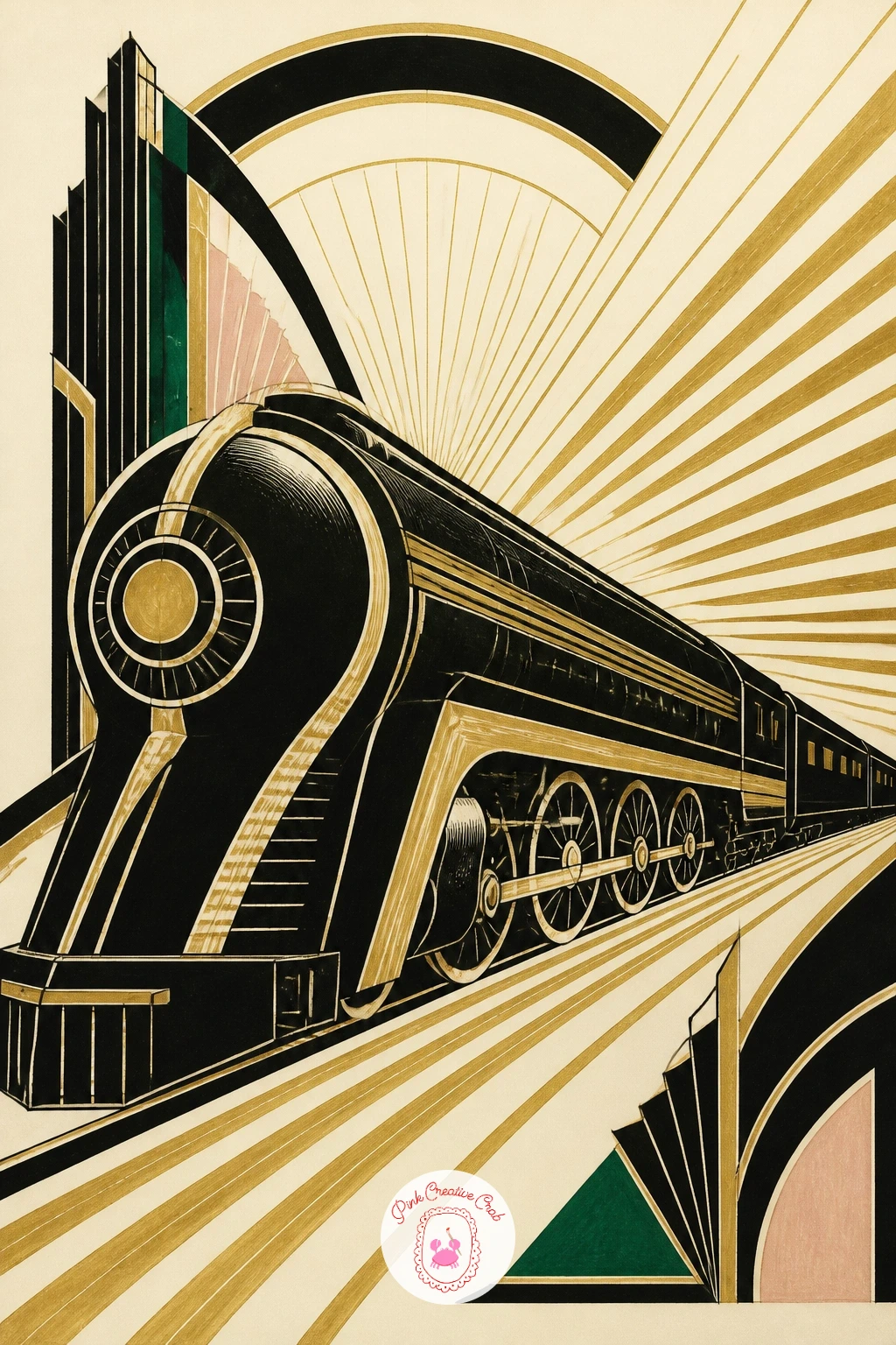 Train Poster in Deco Style — A train poster gives you a strong diagonal to play with, since the whole composition leans into the sense of speed. Art deco