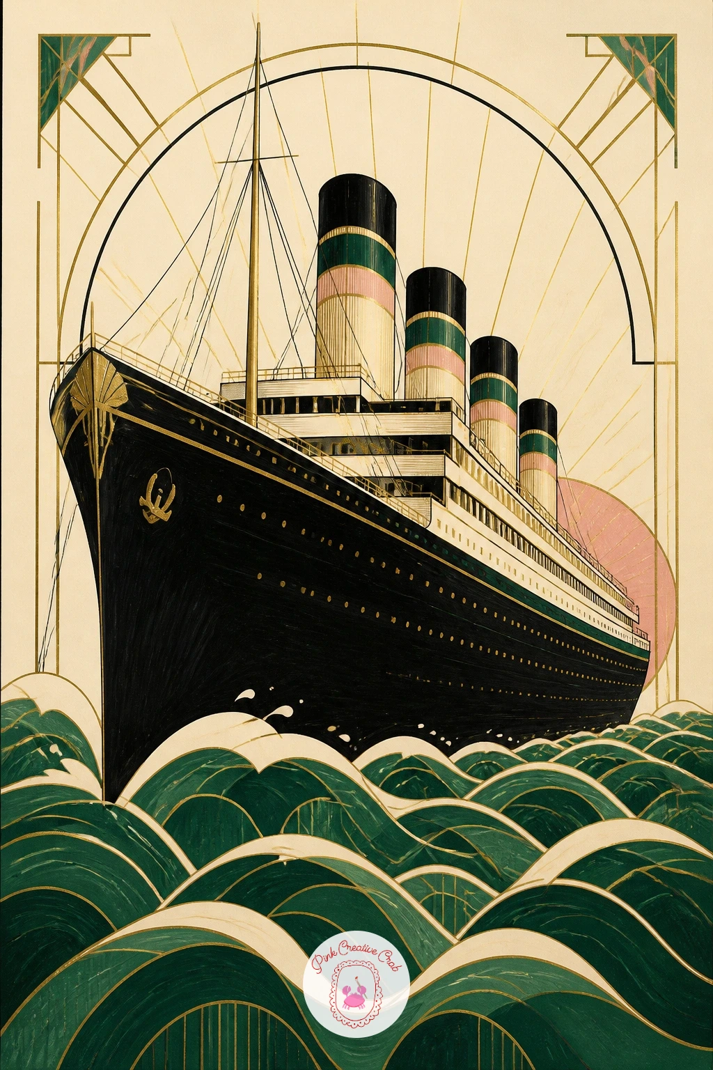 Ocean Liner Poster — Following the train poster, an ocean liner poster uses the same bold travel composition but with horizontal calm instead of diagonal rush.