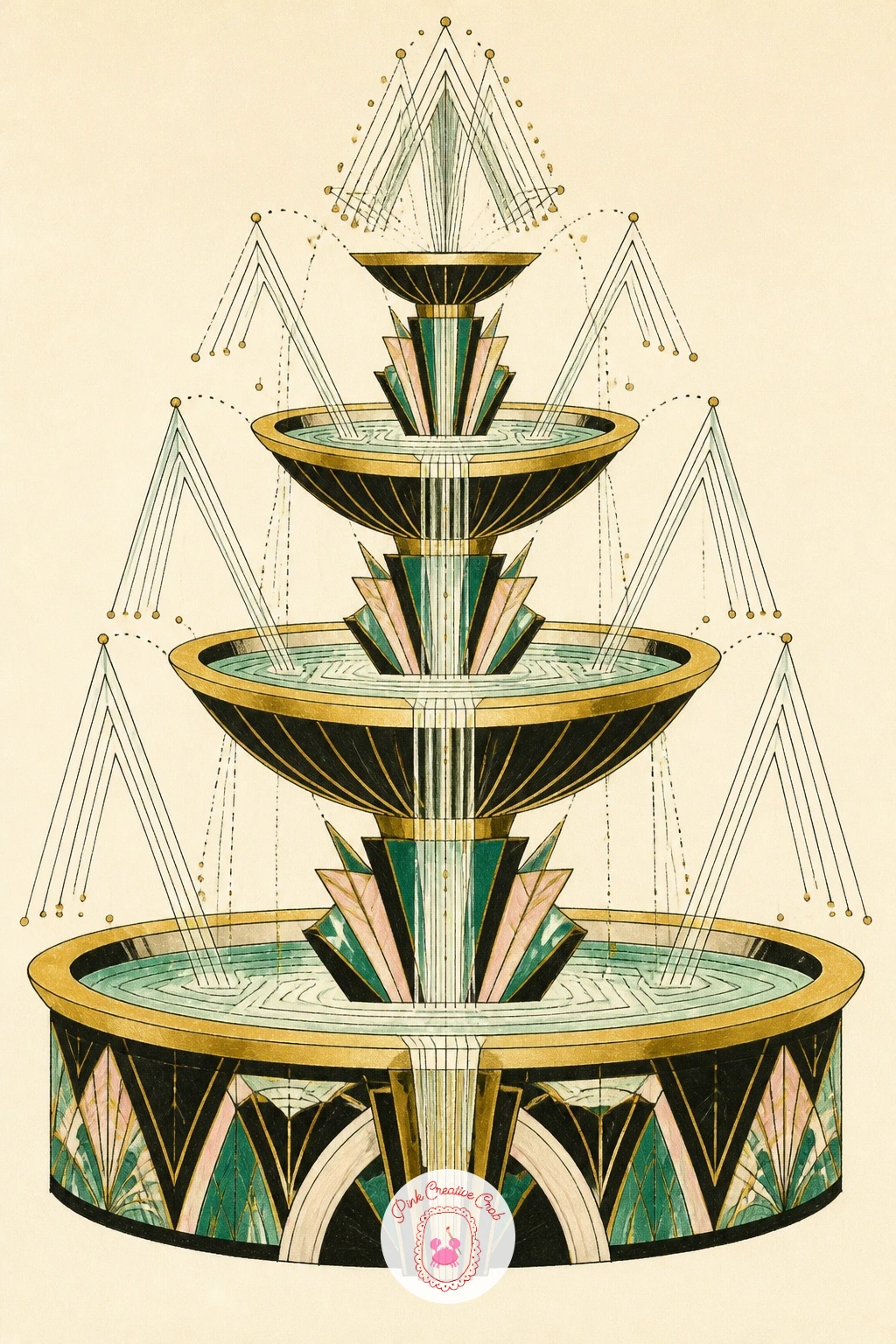 Fountain With Geometric Water — A fountain gives you a chance to turn water itself into a geometric pattern instead of a realistic splash. Art deco drawing