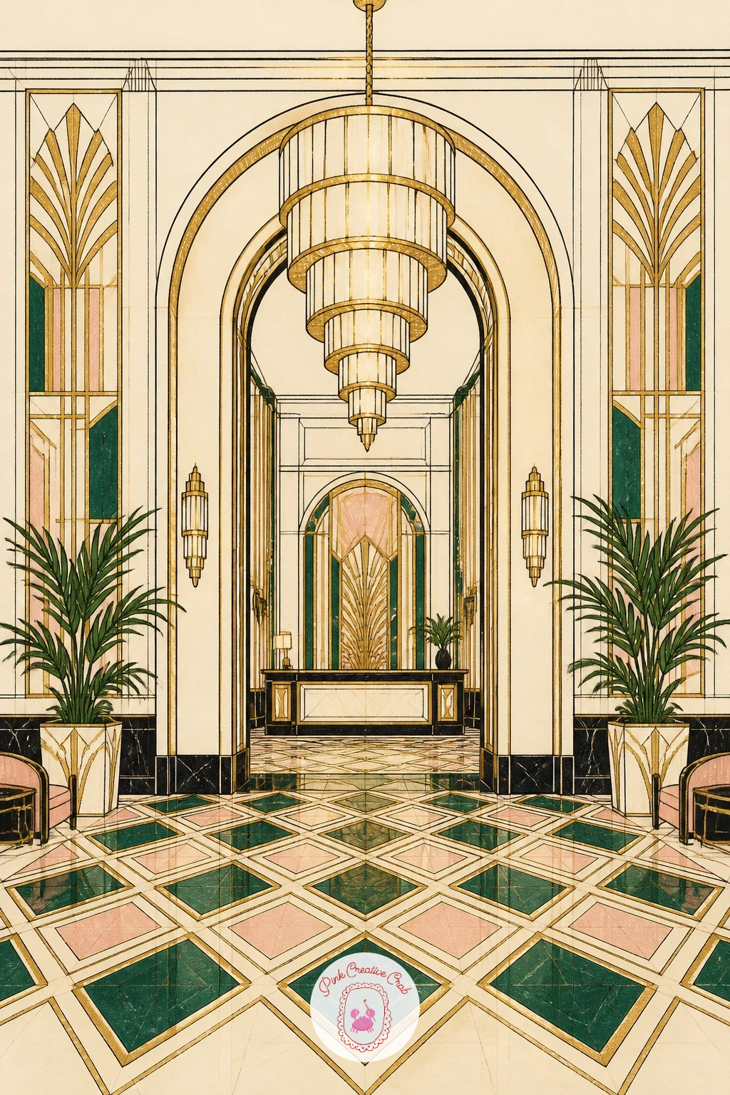 Hotel Lobby With Chandelier — The hotel lobby is one of the more involved scenes in this set, so build it in clear layers. Art deco drawing
