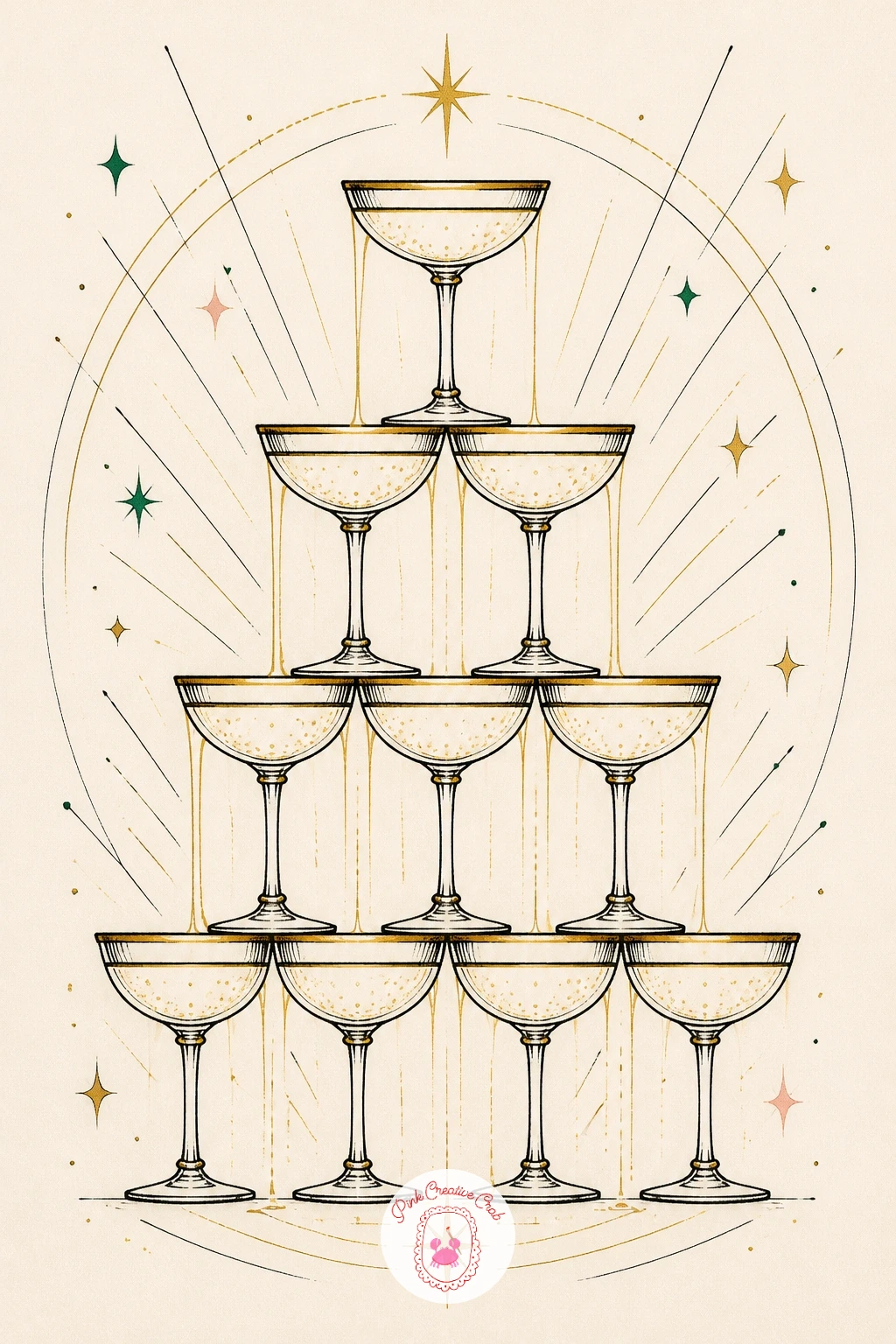 Champagne Tower — A champagne tower is a fun exercise in stacking identical shapes into a strong triangular silhouette. Art deco drawing