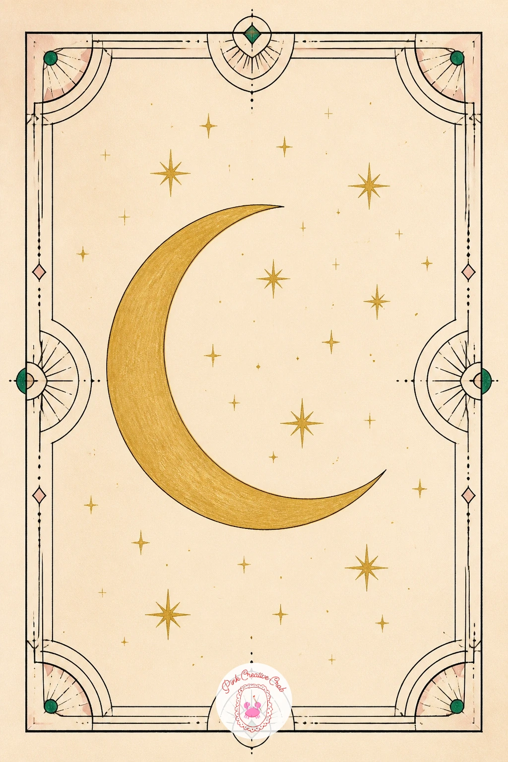 Crescent Moon With Stars in Geometric Frame — This one borrows the sunrise's rays but turns the mood to nighttime. Art deco drawing