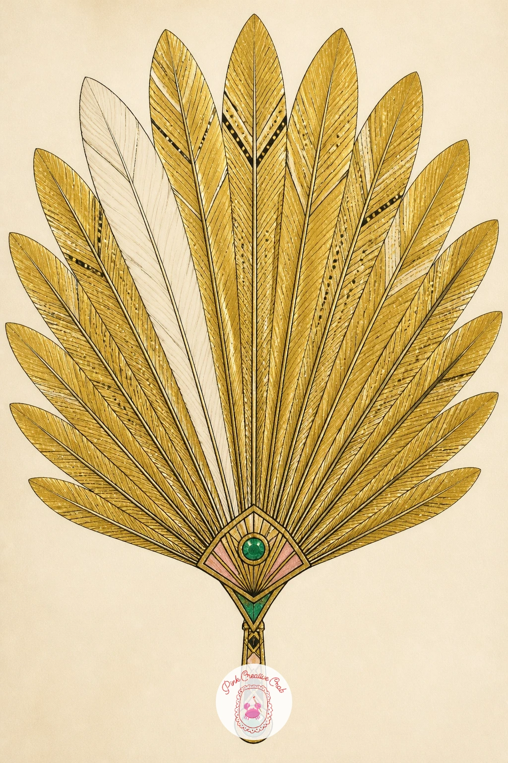 Gold Feathered Fan — Close the list with a gold feathered fan, a fitting bookend to the headband you drew first. Art deco drawing