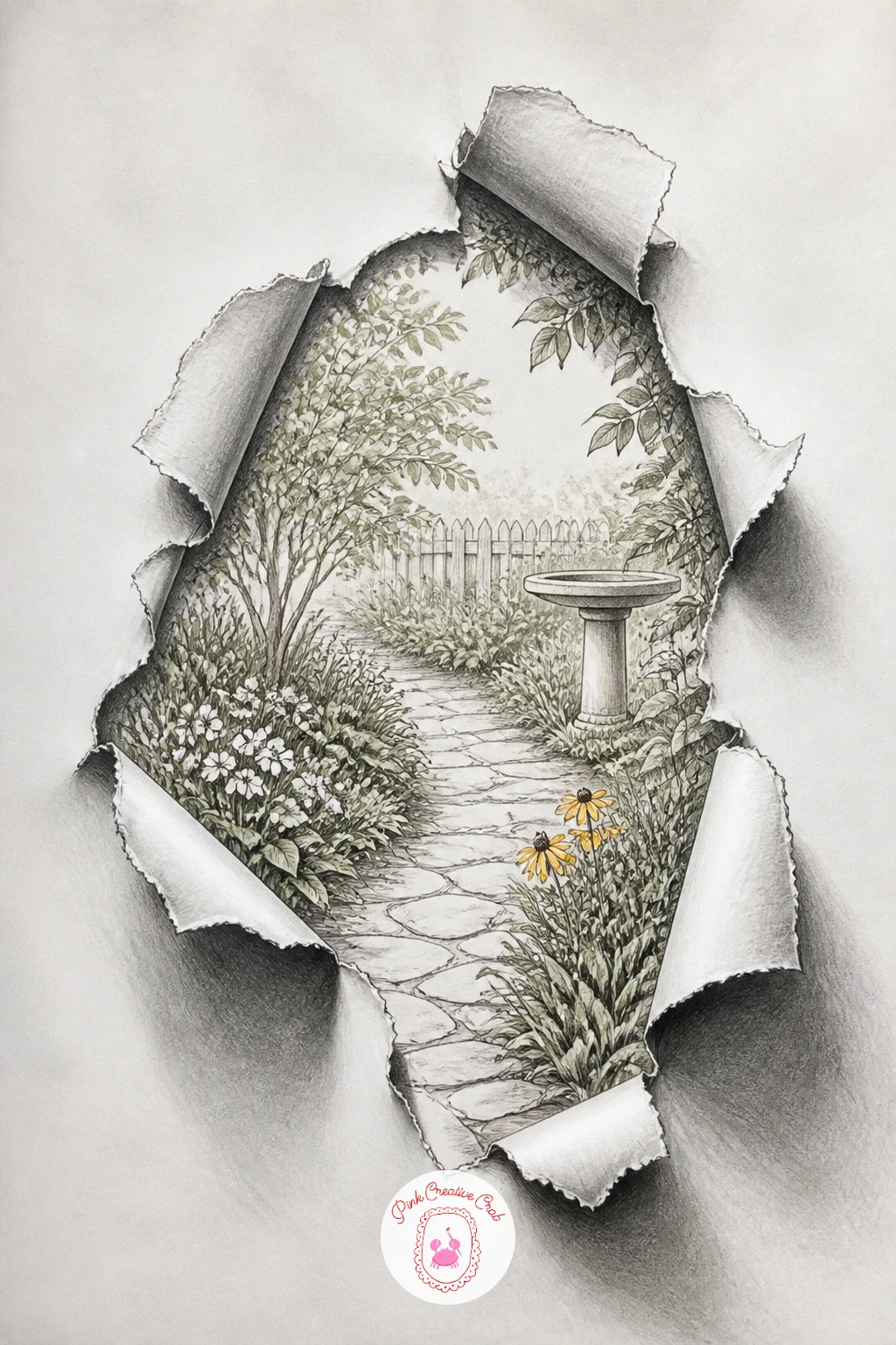 Torn Page With a Garden Behind — Pair that same deep perspective with a torn section of page revealing a small garden scene behind it. 3d illusion drawing