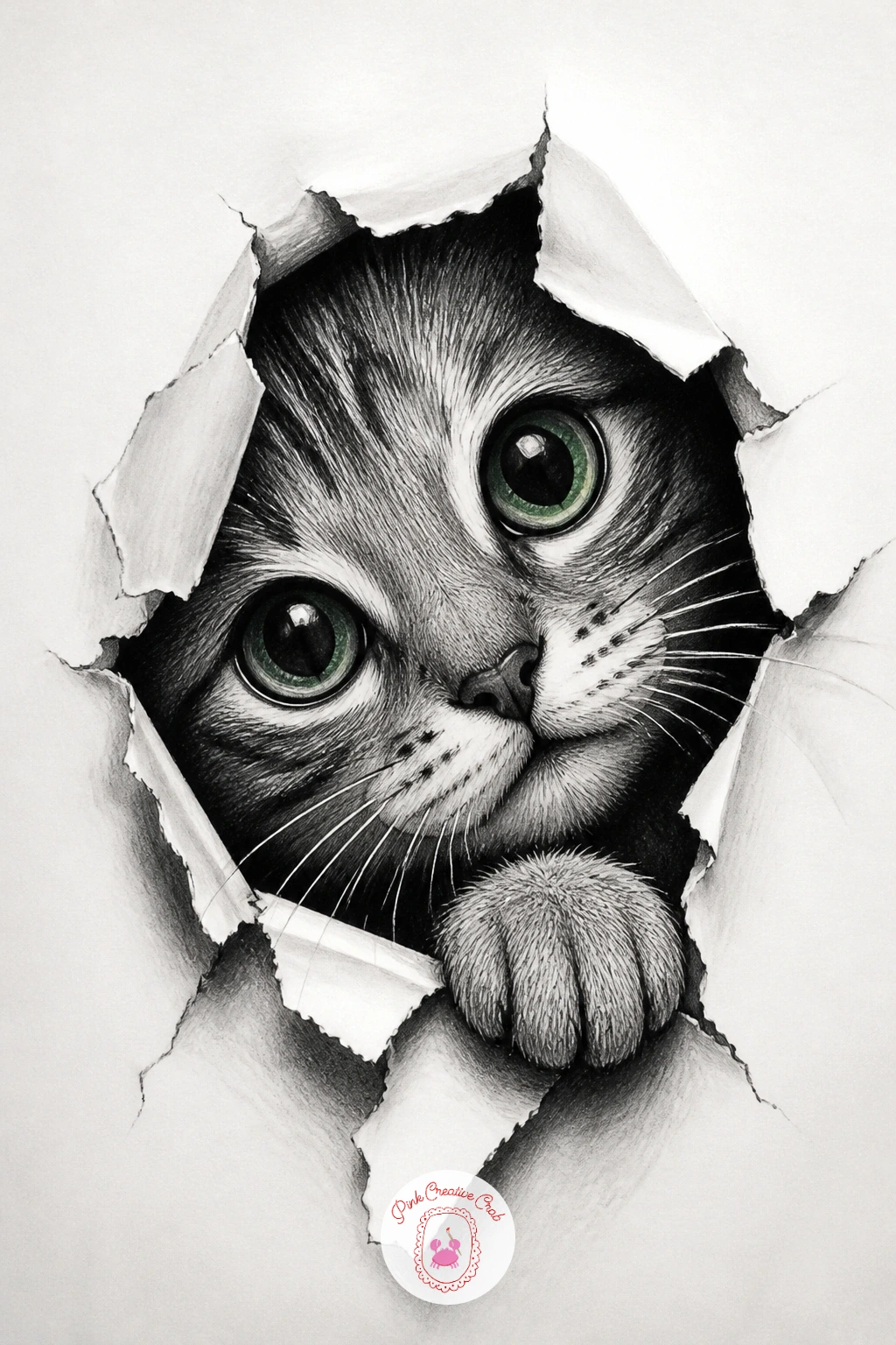 Cat Peeking From a Hole — Soften the mood with a cat peeking out through a torn hole in the page, a nice companion piece if you enjoyed the hand coming out of