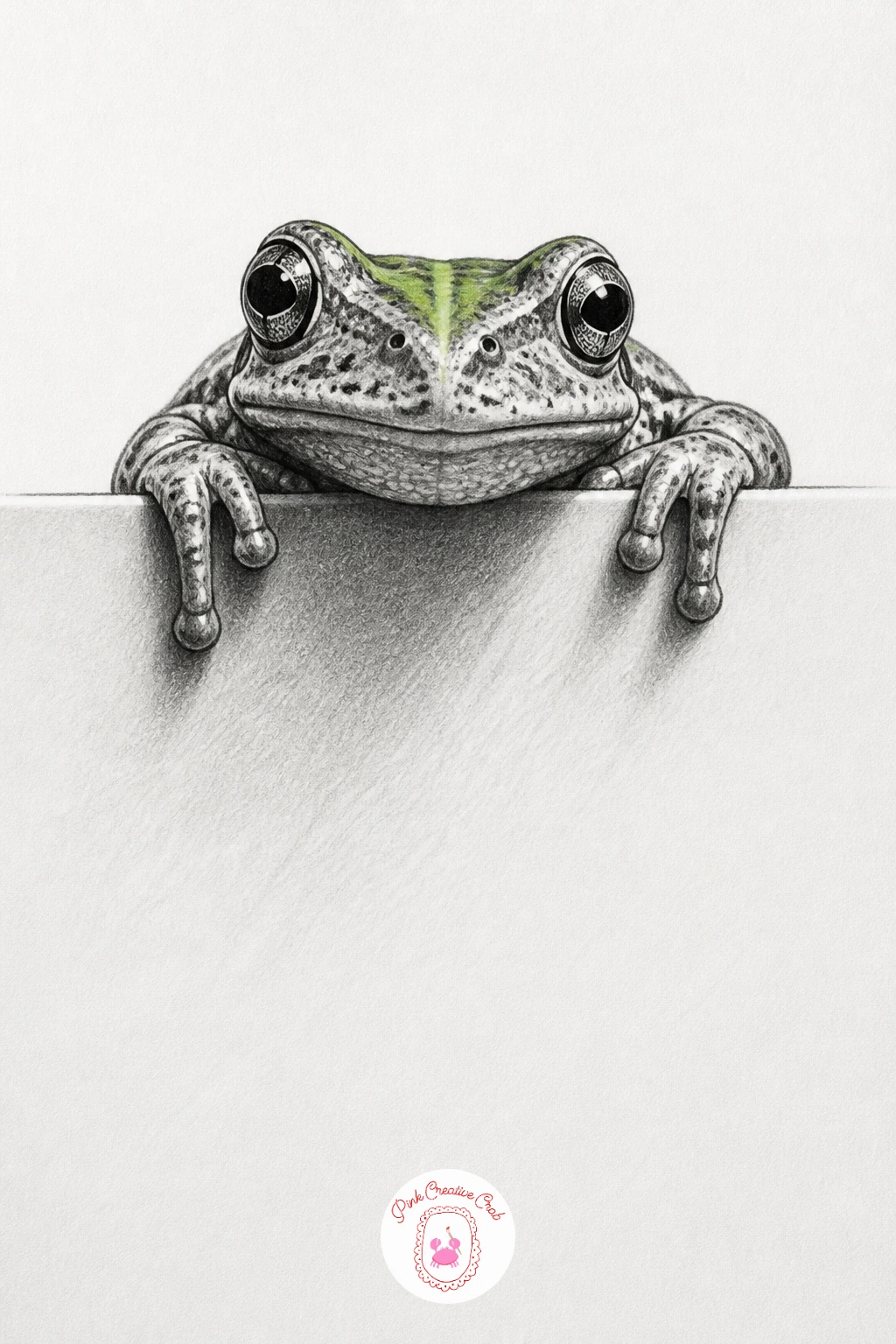 Frog Sitting on the Paper Edge — Lighten the mood again with a small frog perched right on the paper's own edge, legs tucked under, as if the page itself were