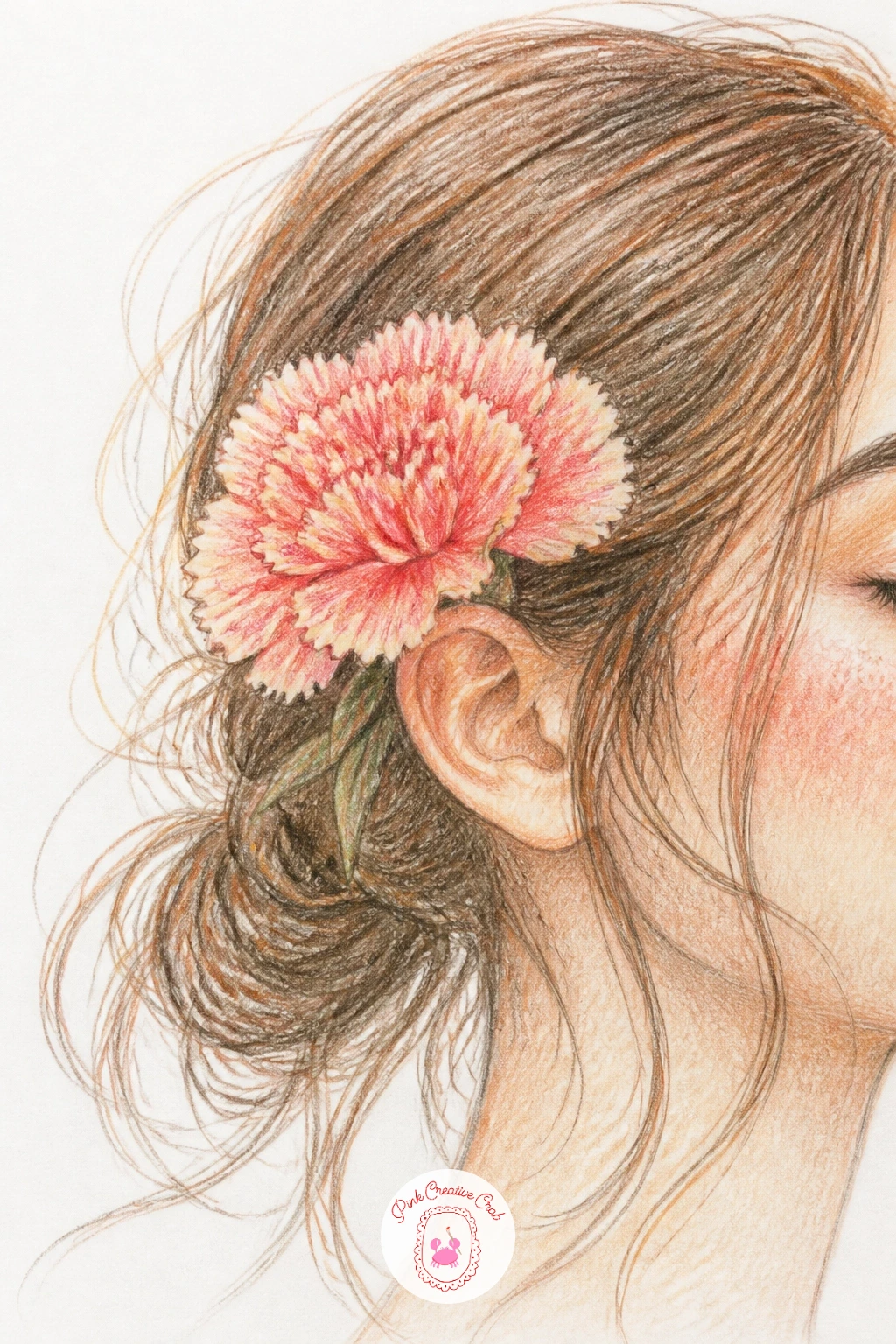 Carnation Behind An Ear — A carnation behind an ear brings a small figure element into the mix, just the suggestion of hair and the curve of an ear tucked