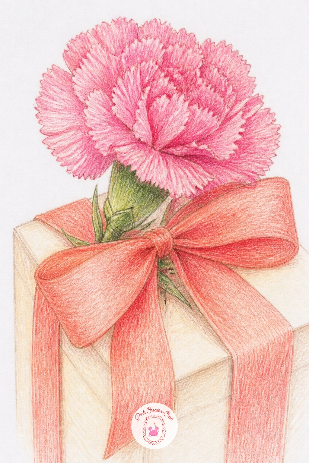 Carnation With A Ribbon On A Gift — A carnation with a ribbon on a gift turns the flower into part of a tiny still life, a wrapped box corner with one bloom