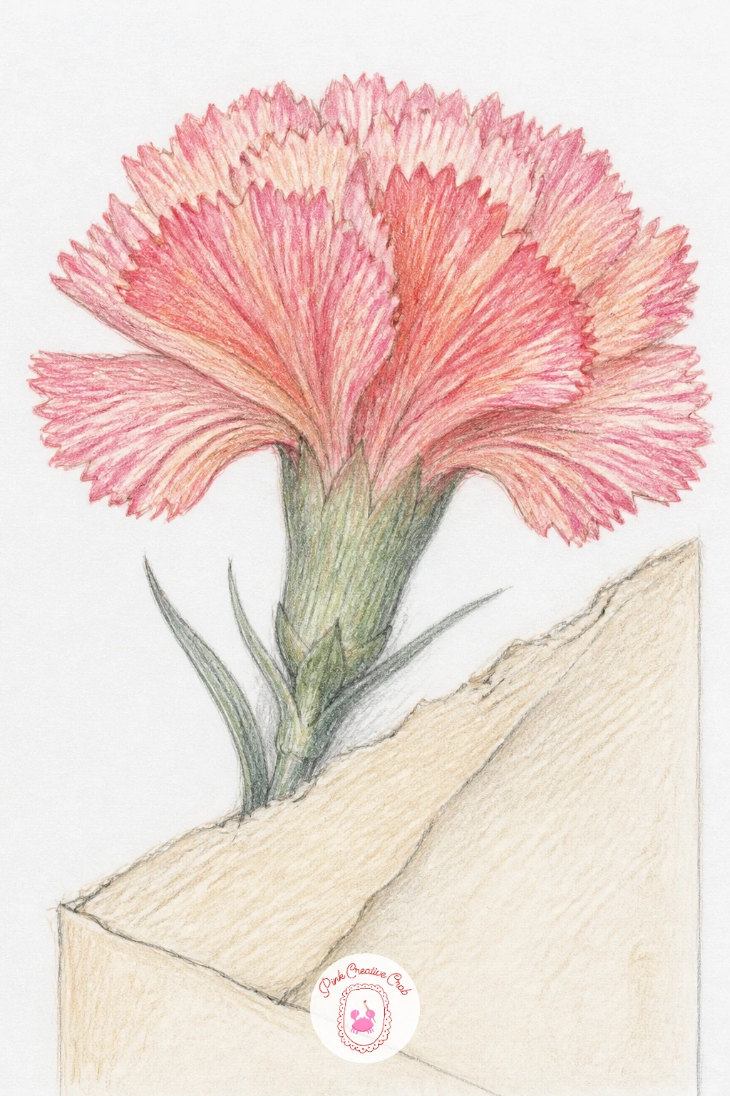 Carnation Pressed In A Letter — A carnation pressed in a letter has a flattened, papery quality that is different from every bloom so far, the petals splayed