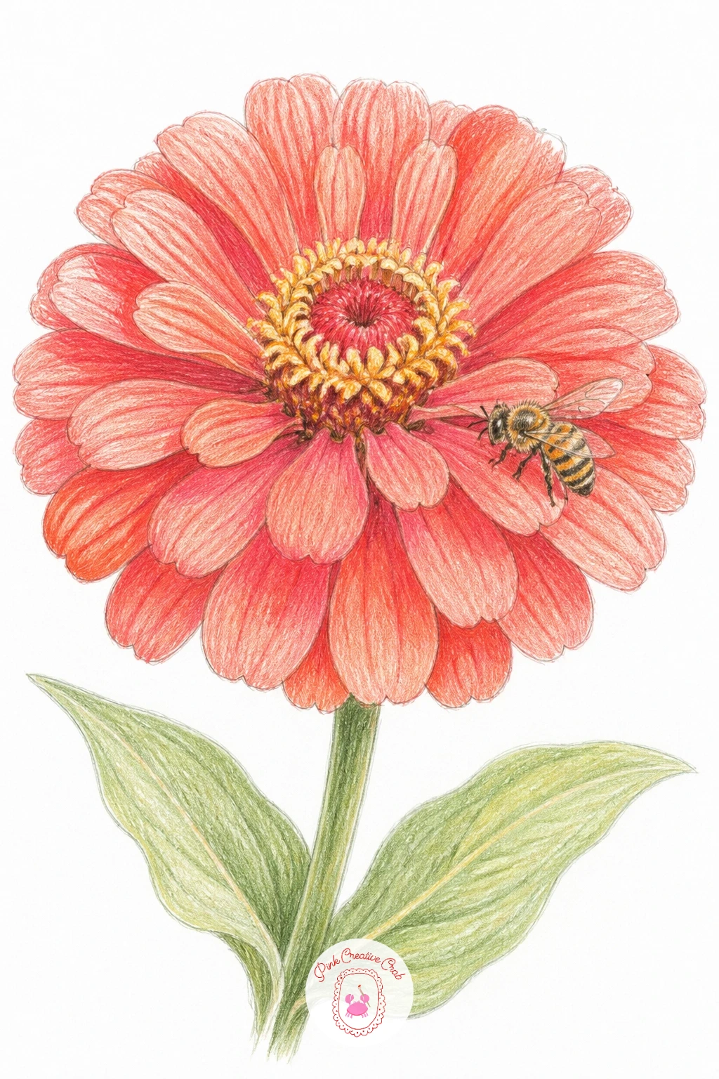 A Zinnia With A Bee — A zinnia with a bee adds a small bit of life to the page, the flower's flat, layered petals making a nice stage for one visiting insect.