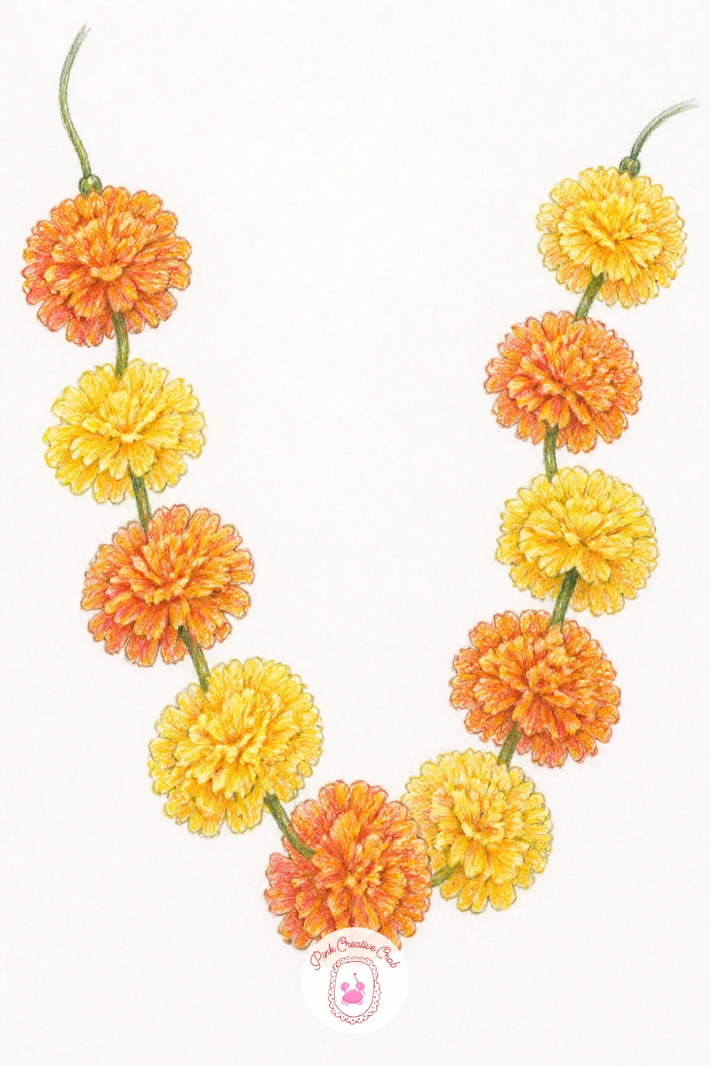 A Marigold Garland — A marigold garland strings several compact, ruffled blooms along a single curving thread, a nice change of pace after single-stem