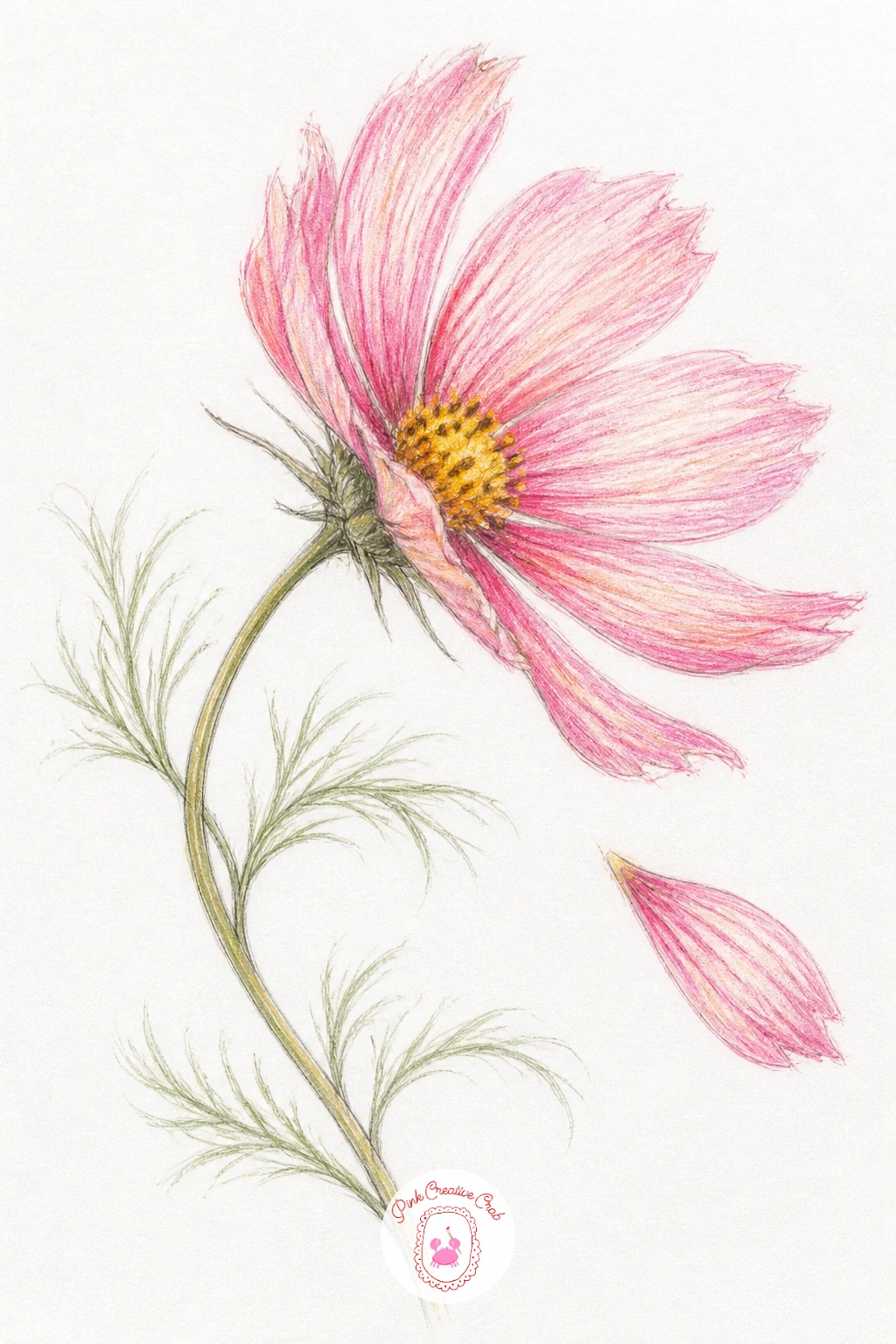 A Cosmos In Wind — A cosmos in wind captures movement with just a few confident choices, the thin stem bending and petals angled as if caught mid-gust.