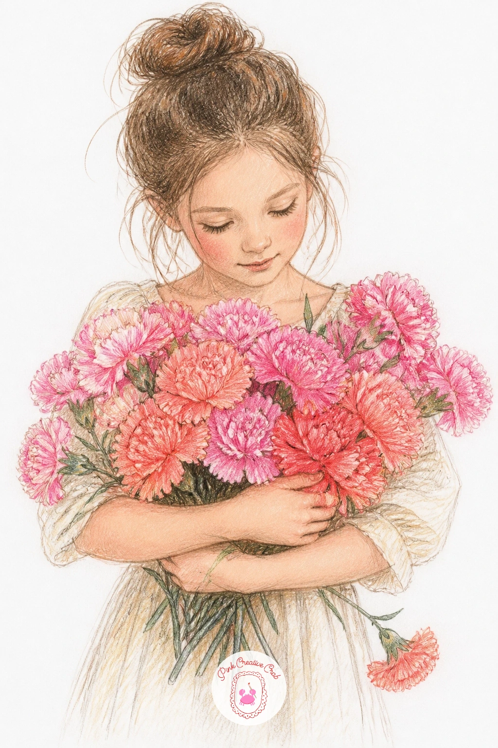 A Girl Carrying An Armful Of Carnations — Close out the series with a girl carrying an armful of carnations, bringing a figure back in alongside a full mass of