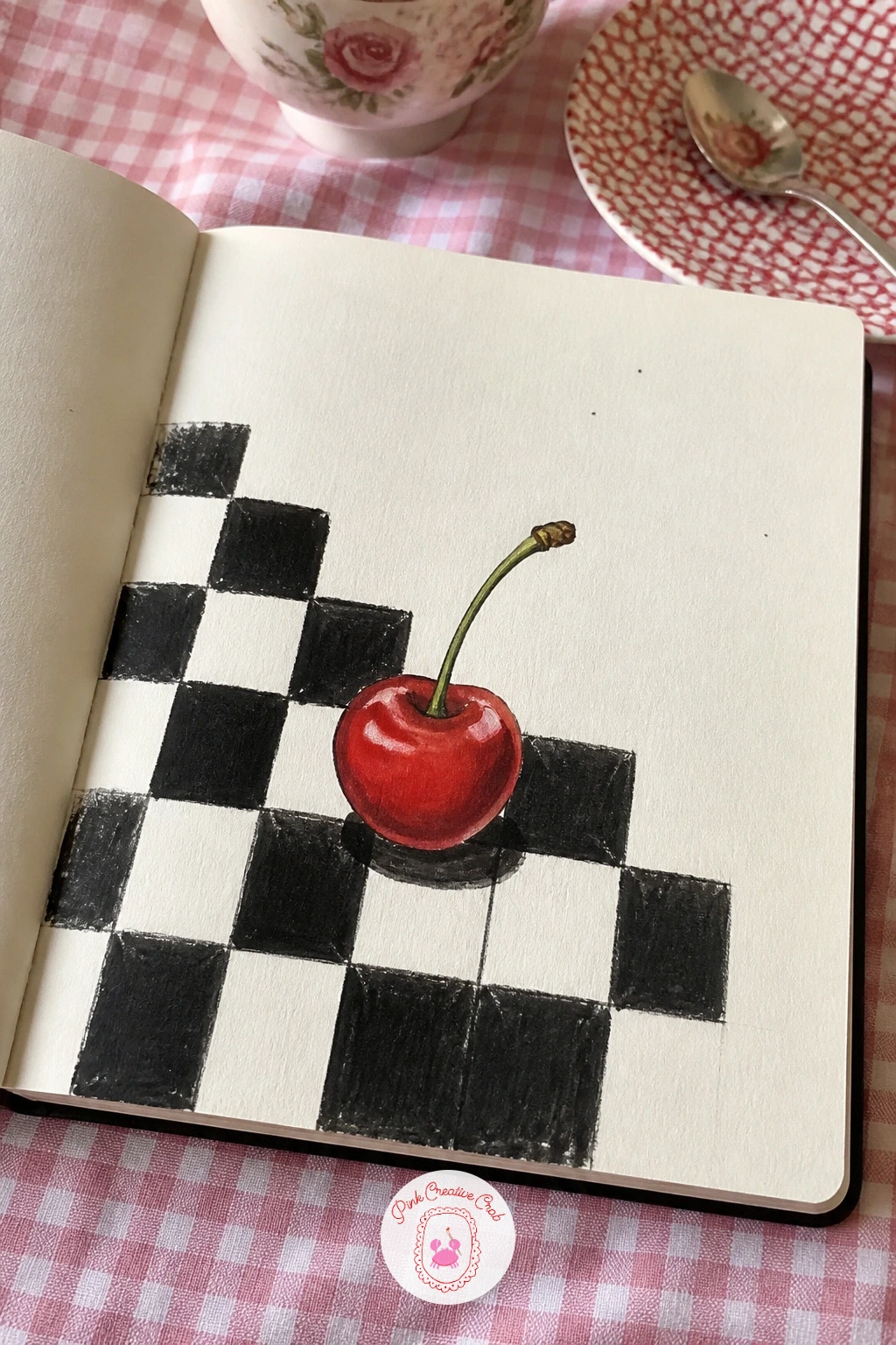 Checkerboard With a Cherry — A checkerboard with a cherry gives the cover a bold graphic base before any detail goes on top, and it is one of the quickest