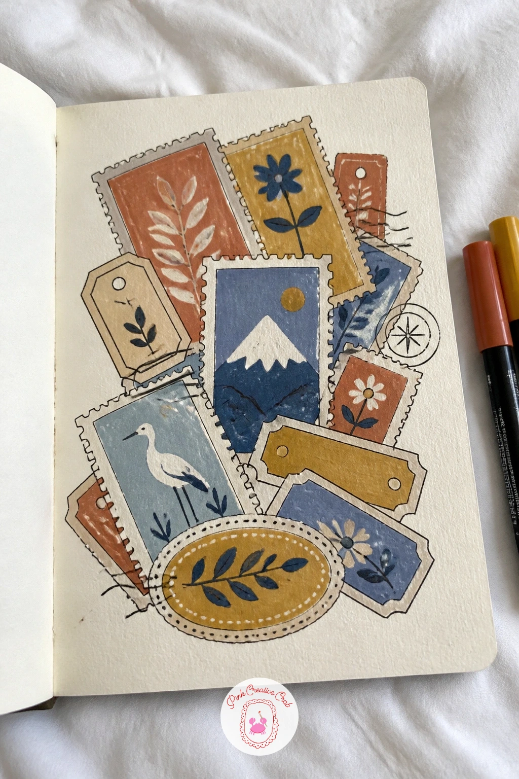 Stickers and Stamps Cover — Stickers and stamps turn the cover into a travel trunk, with a loose collection of painted postage stamps, luggage labels and