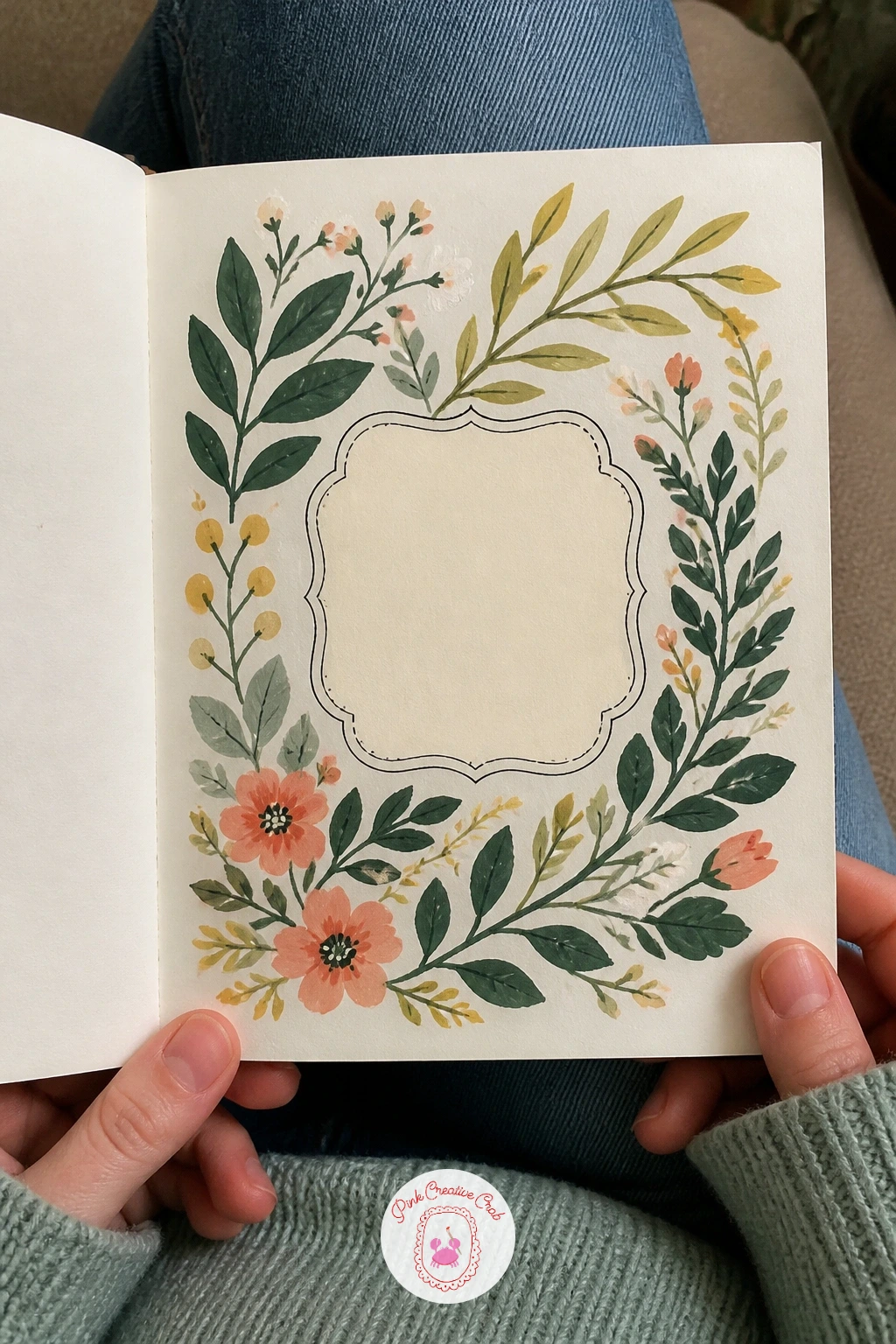 Botanical Frame With Title Label — A botanical frame with a title label keeps the center of the cover empty on purpose, leaving room for a small rectangle