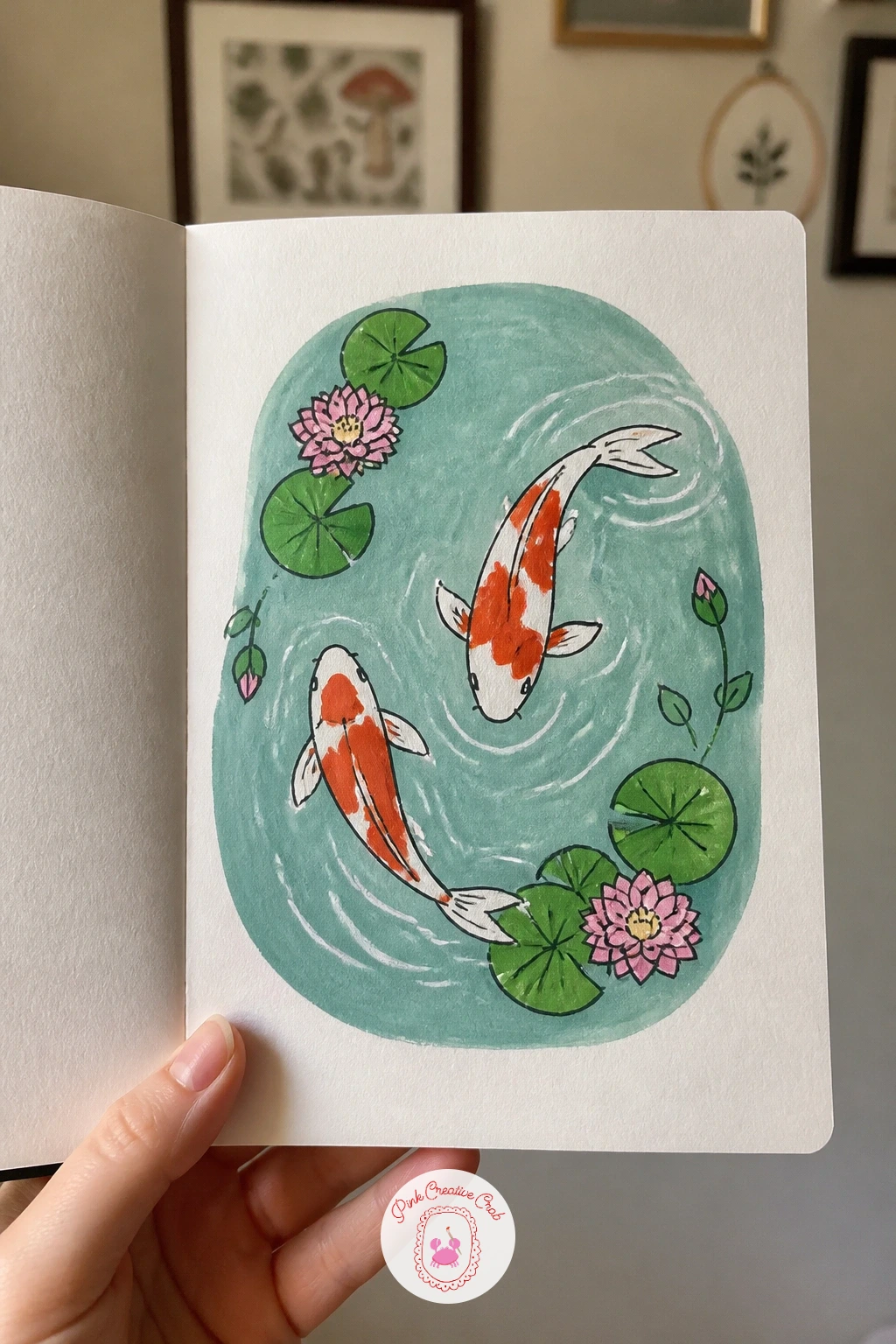 Koi Pond Cover — A koi pond cover sits two or three fish in a loose circular pond shape, which gives you a natural frame without drawing a hard border.