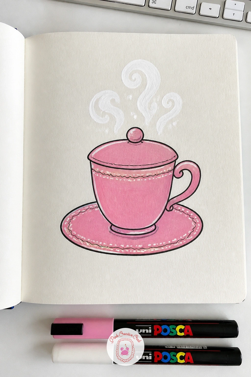 Teacup With Steam Cover — A teacup with steam makes a cozy, simple centerpiece, just one cup and saucer sitting mid-cover with a few curling lines rising above