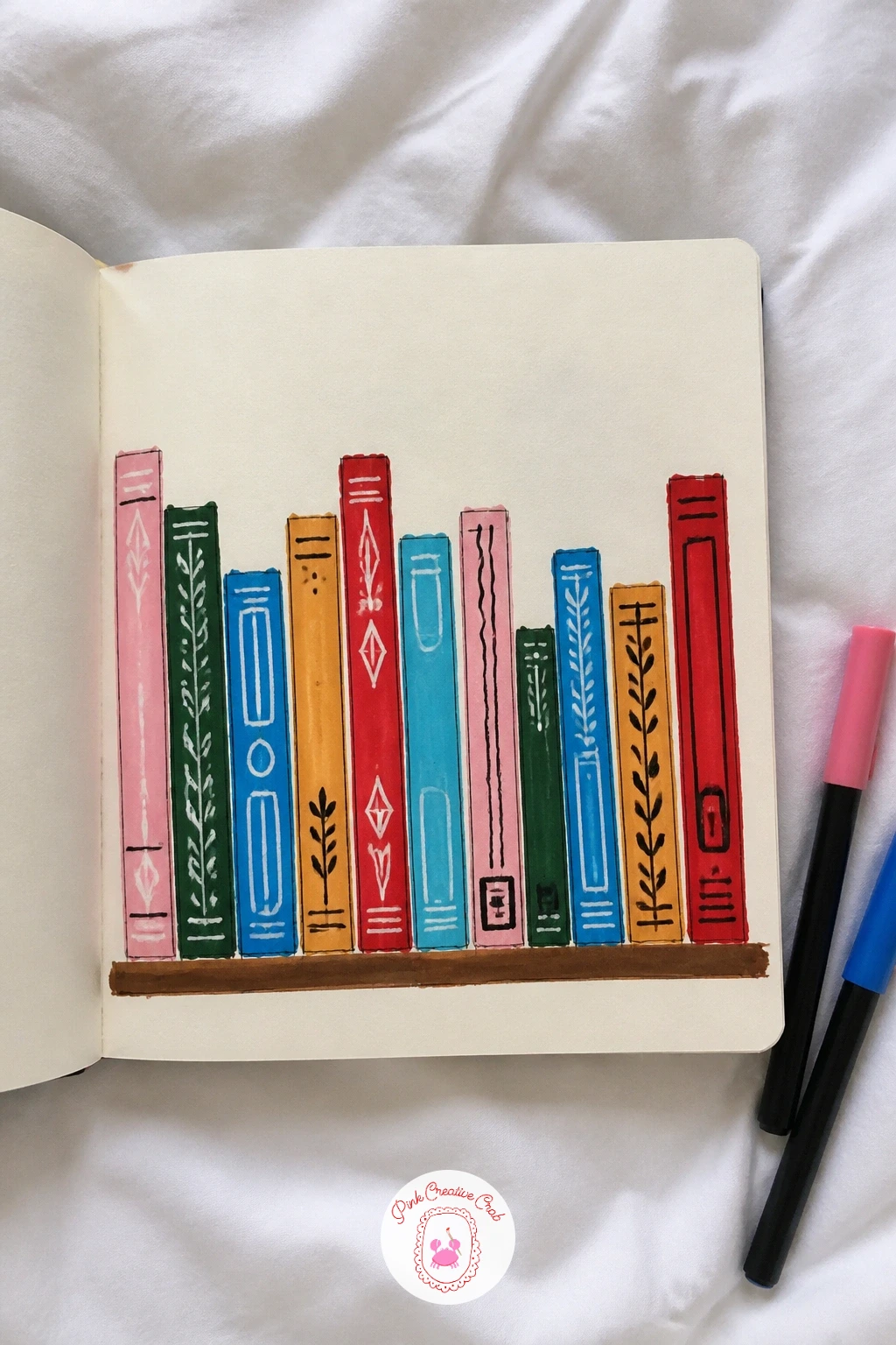 Bookshelf Cover — A bookshelf cover turns the whole front into a row of colorful spines, which is an easy way to fill the space with pattern using nothing but