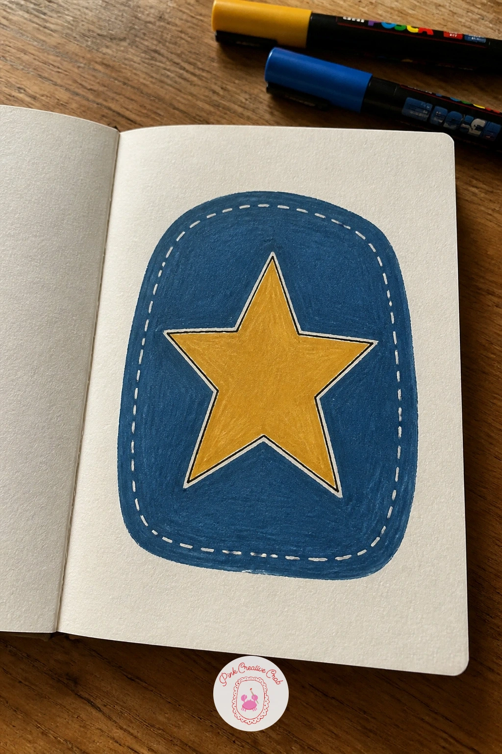 Sewn Fabric Patch Cover — A sewn fabric patch cover mimics an embroidered badge, with a rounded shape, a simple icon inside and a dashed border line that reads