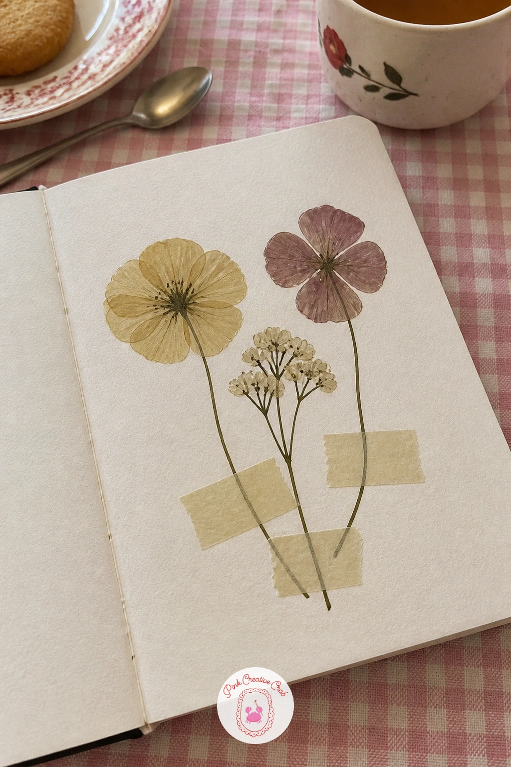 Pressed Flowers Under Tape Cover — Pressed flowers under tape gives the illusion of real dried blooms stuck under strips of washi tape, painted entirely flat