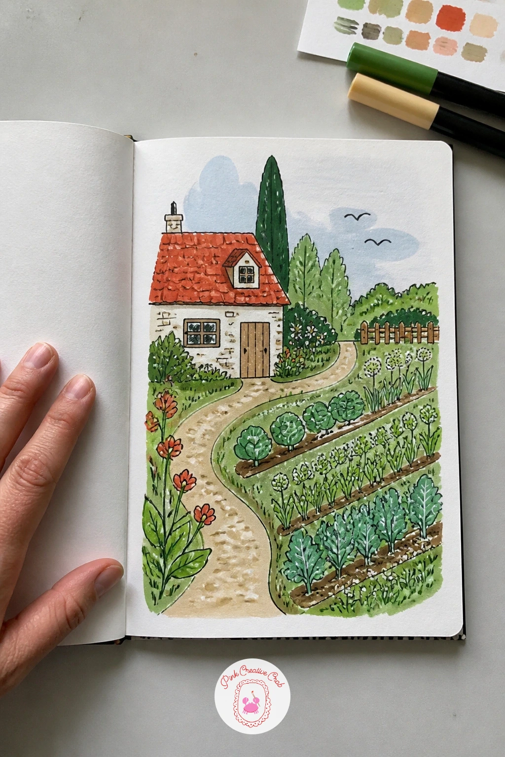 Tiny House and Garden Cover — A tiny house and garden packs a whole cozy scene into one corner of the cover, a small cottage with a pitched roof surrounded by