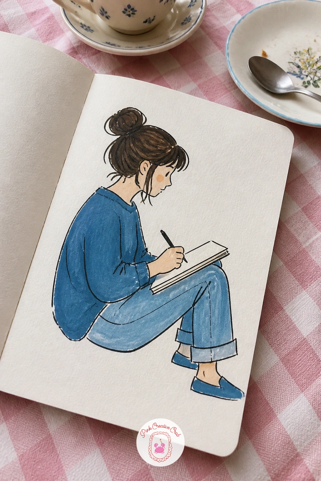 Girl Drawing Cover — A girl drawing puts a simple seated figure in profile near one side of the cover, sketchbook open on her lap and pencil raised, which