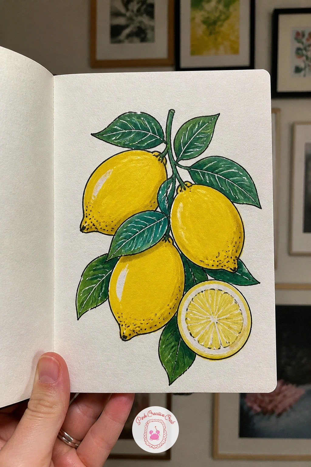Lemons Cover — Lemons bring a bright, simple cluster of fruit to one side of the cover, easy to paint quickly since each lemon is just an oval with two pointed