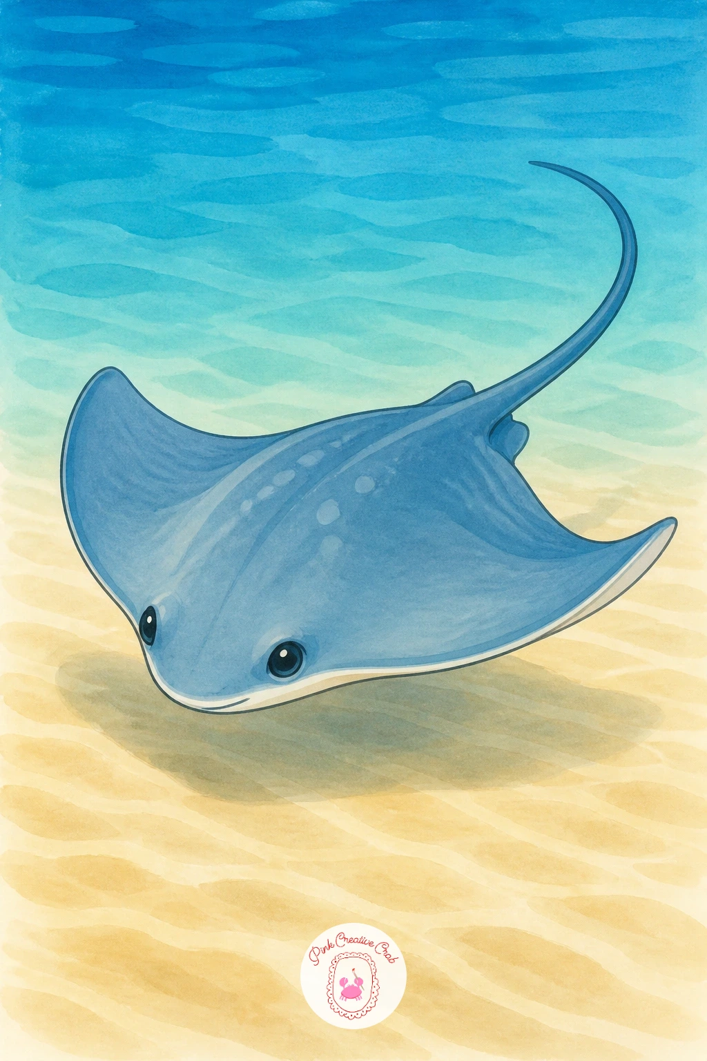 Stingray Gliding Over Sand — Start the easiest way possible: a stingray gliding over sand, seen from above with its diamond body spread flat across the page.